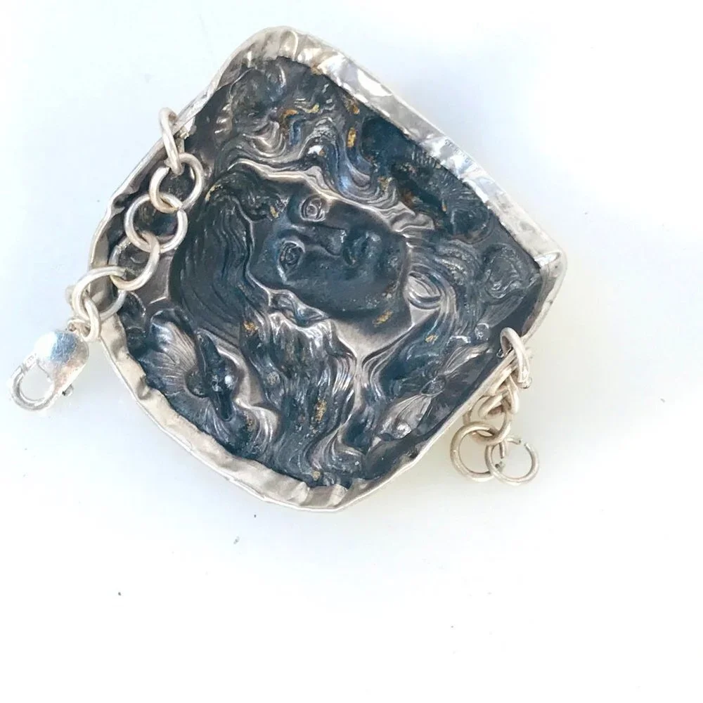 Rare Antique Goddess Sterling Silver Cuff Bracelet Victorian 925 Medusa Nouveau